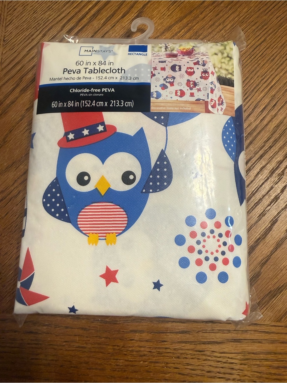 Mainstays Patriotic Owl PEVA Tablecloth 60” x 84” | Red White Blue Fourth of Jul